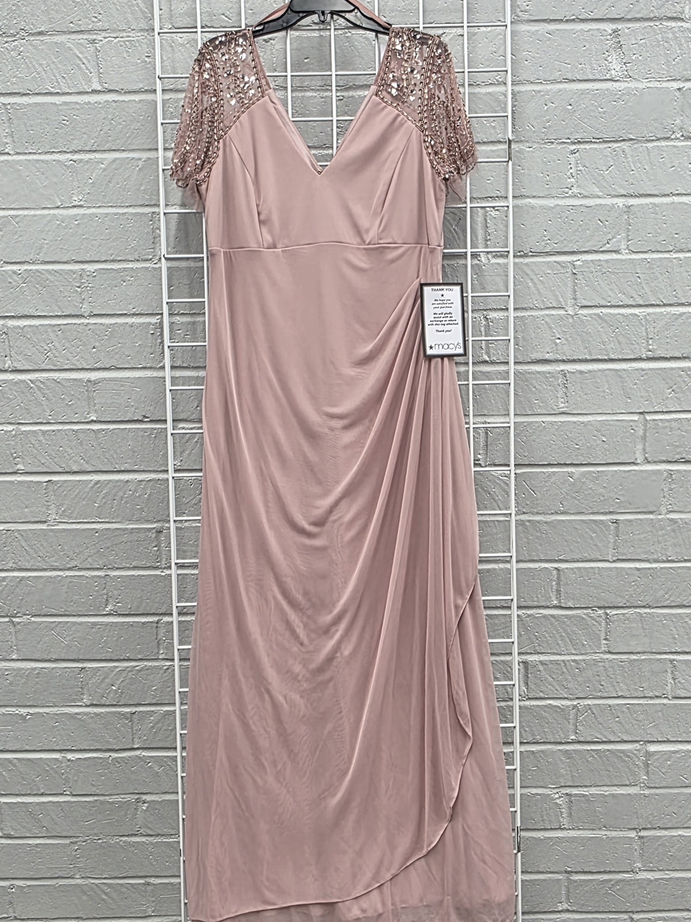 Blush Rose Pink Evening Gown with Sequin Cap Sleeves